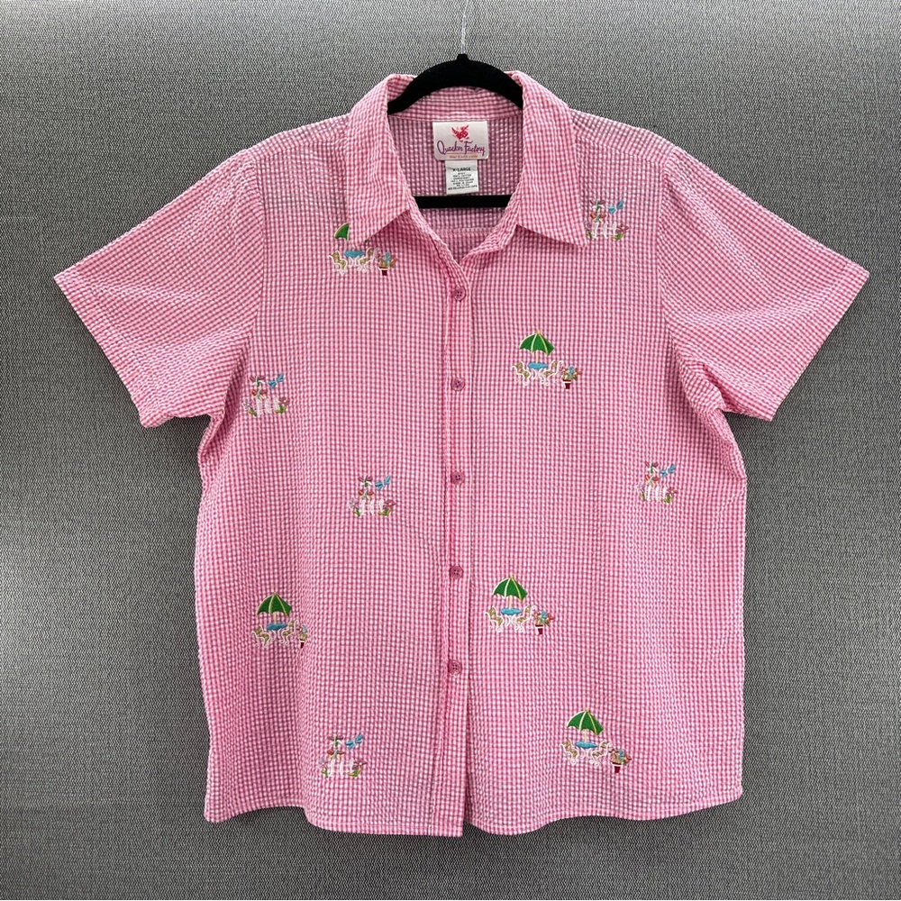 VTG Quacker Factory Pink Checkered Short Sleeve Embroidered Button Up‎ Shirt XL